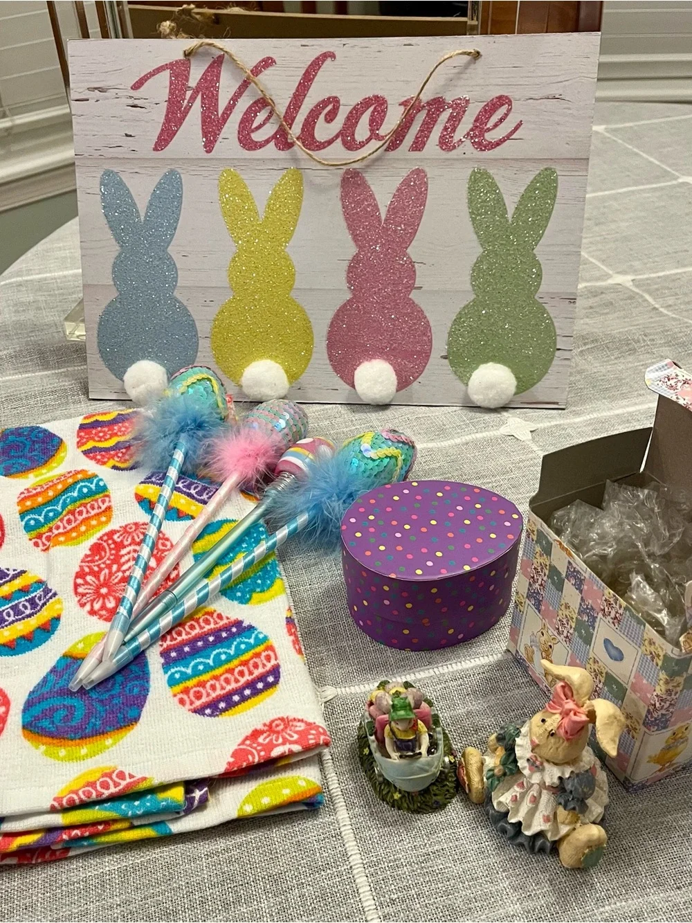 “Welcome” Bunny Wall Sign - Pastel Blue, Yellow, Pink, Green plus Assorted Decor